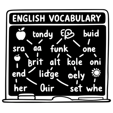 A blackboard filled with the words "English Vocabulary" at the top. Below, numerous English vocabulary words are written in a clear, organized manner. Each word is accompanied by simple drawings representing its meaning, such as a small apple for "fruit" and a sun for "day." Lines and arrows connect the words to their corresponding illustrations, creating a structured layout. The overall scene captures an educational atmosphere.