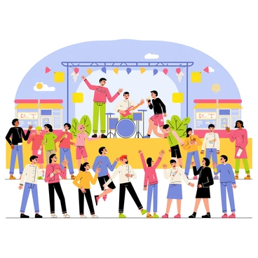 A vibrant outdoor music festival scene shows a stage with a band performing energetically. The band consists of four members: a vocalist with a microphone, a guitarist, a drummer, and a bassist, all dressed in colorful outfits. Bright stage lights illuminate the performers. In front of the stage, a crowd of diverse people is dancing joyfully, enjoying the music. Some attendees are waving their hands, while others are jumping and laughing. Food stalls can be seen in the background, with banners and colorful decorations adding to the festive atmosphere. The sky is clear and blue above, contributing to the lively mood of the event.