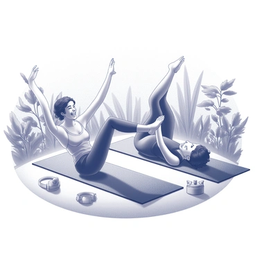 Two friends are engaged in a pilates session outdoors. They are positioned on yoga mats in a lush garden setting, surrounded by various plants and flowers. One friend is in a seated position, laughing while lifting their legs, while the other is lying on their back and performing a bridge pose, both showing expressions of joy. Sunlight filters through the leaves, creating patterns on the ground. Their bodies are in motion, highlighting the dynamic aspect of their workout, with a few exercise props, like a pilates ring and water bottles, placed nearby.