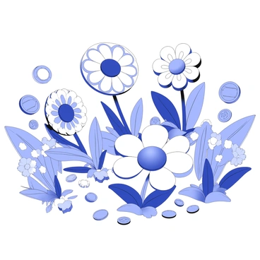A garden filled with a variety of flowers. The flowers bloom into different shapes resembling coins and notes. Each flower has distinct features, with petals that mimic the textures of various currency. The garden is well-maintained, with lush greenery surrounding the flowers. There are small pathways winding through the garden, allowing for a closer view of the unique blooms. The sky above is clear, casting light on the vibrant display in the garden.