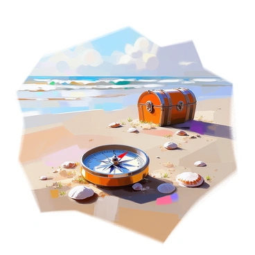 A weathered compass lying on a sandy beach, its needle pointing firmly towards a distant treasure chest partially buried in the sand. The compass features intricate designs and a glass cover reflecting sunlight. Surrounding the compass, the beach is dotted with seashells and tufts of grass. In the background, gentle waves lap at the shoreline, while the treasure chest, made of aged wood with metal accents, glimmers faintly under the sun.
