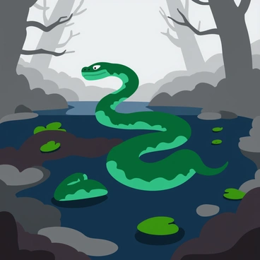 A massive serpent with glossy scales in shades of dark green and deep blue is slithering through a misty swamp. The serpent’s body is long and sinuous, weaving its way through clumps of wet, dark earth and twisted roots. Surrounding the serpent, the swamp is shrouded in a thick layer of gray mist that obscures the ground, adding an eerie atmosphere. Patches of dark water reflect the dim light, with lily pads floating on the surface. In the background, silhouettes of gnarled trees reach upward, their branches partially veiled by the swirling mist.