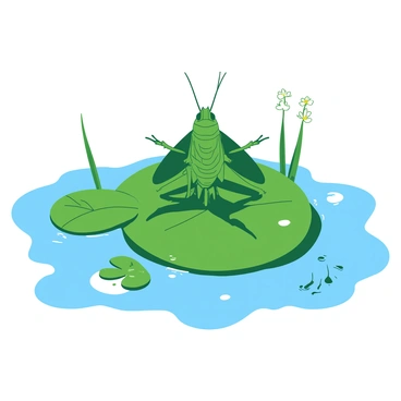 A green cicada is positioned in the center of a large round lily pad, performing a yoga pose with its legs gracefully extended and antennae slightly raised. The lily pad is floating on a calm body of water, surrounded by small, delicate white flowers blooming at the edges. Sunlight reflects off the surface of the water, creating a serene atmosphere. The cicada's wings are slightly open, adding to its poised stance, while drops of water rest on the lily pad's surface.