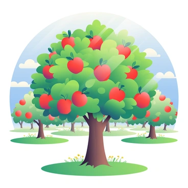 A lush apple tree with a thick trunk and vibrant green leaves is standing in the center of an orchard. The tree is abundantly covered with bright red apples, glistening in the sunlight. Around the base of the tree, the grass is a rich green, dotted with small wildflowers. In the background, rows of other apple trees are visible, all laden with fruit, under a clear blue sky. A gentle breeze rustles the leaves, adding motion to the serene scene.
