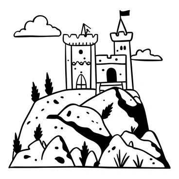 A medieval castle with tall, imposing towers and a fortified wall is situated on a hilltop. The castle features intricately carved stone details and a large gate with a heavy portcullis. Surrounding the castle are steep slopes, with rocky terrain and sparse vegetation. In the foreground, there are scattered boulders and patches of grass, adding to the rugged landscape. Wispy clouds can be seen in the sky above, enhancing the drama of the scene. The entire illustration is presented in black and white, emphasizing the intricate engravings of the castle and its natural surroundings.