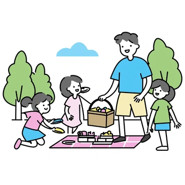 A family of four, consisting of two adults and two children, is gathered at a sunny park. The father, wearing a blue t-shirt and beige shorts, is setting down a large wicker picnic basket on a red and white checkered blanket. The mother, dressed in a light summer dress, is arranging colorful fruits and sandwiches on the blanket. The two children, one boy in a green shirt and shorts, and a girl in a pink t-shirt and denim skirt, are playing nearby with a frisbee. Tall green trees and a clear blue sky can be seen in the background, enhancing the cheerful atmosphere of their picnic.