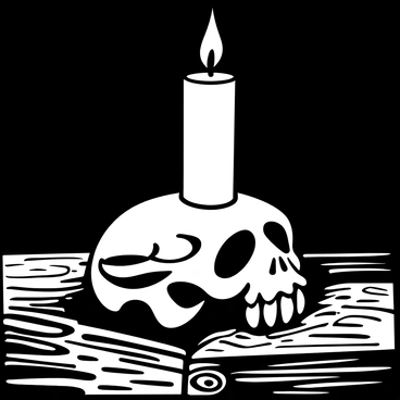 A lit candle positioned on top of a cat skull, with a soft flame flickering. The candlelight casts elongated, eerie shadows across a dark wooden table. The texture of the wood is visible with deep grains and knots, adding to the somber atmosphere. The skull displays intricate details, emphasizing the contours and curves of its form. Shadows dance around the surroundings, creating a mysterious ambiance.