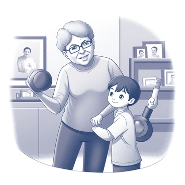 An old photograph depicting a grandparent and a grandchild engaged in a weightlifting session. The grandparent, with silver hair and glasses, is demonstrating proper form while holding a dumbbell in one hand. The grandchild, with a look of concentration, is attempting to lift a smaller dumbbell with both hands. They are in a cozy home setting, surrounded by shelves filled with family photos and memorabilia. The expressions on their faces reflect determination and joy. The lighting casts soft shadows, adding depth to the scene.