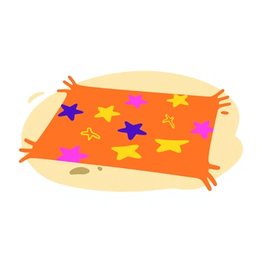 A beach towel laid out on the sand, featuring an array of starfish in various colors and sizes scattered across its surface. The starfish include shades of orange, pink, yellow, and purple, some being small while others are larger. The towel itself has a vibrant pattern that contrasts with the sandy background, creating a lively scene under the bright sunlight.
