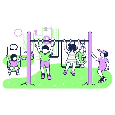 A playground filled with children engaged in various activities. In the center, a group of three children is hanging from monkey bars, gripping tightly with their hands. One child has short hair and is wearing a bright t-shirt while another has pigtails and is wearing a striped dress. The third child is wearing a cap and shorts. Surrounding the monkey bars, there are swings swaying gently, with a few children seated on them. In the background, a climbing structure with slides and ladders can be seen, while some children are running on soft grass. Bright sunshine illuminates the scene, enhancing the energy of the playground.
