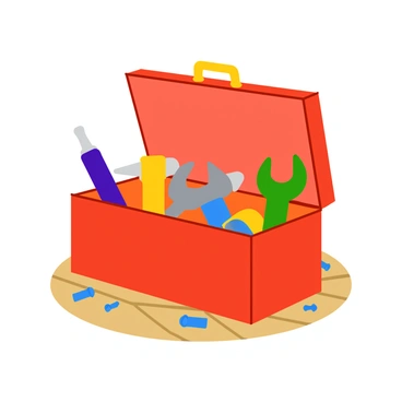 A bright red toolbox is open and filled with thumbs creatively designed as various tools. There are thumbs shaped like a hammer, with the thumb end resembling the head of the hammer, and a thumb shaped like a wrench, featuring the distinctive curved design of the wrench. Other thumbs mimic screwdrivers and pliers, each accented with vibrant colors. The toolbox sits on a wooden workbench, surrounded by scattered screws and small pieces of hardware, adding to the playful and whimsical atmosphere.