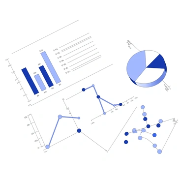 A series of charts and graphs arranged on a clean, white background. The first chart is a bar graph with vertical bars of varying heights representing different data categories. To the right, there is a pie chart divided into multiple segments, each labeled with percentages. Below these, a line graph features multiple lines intersecting at various points, with distinct markers signaling important data points. In the corner, a scatter plot displays numerous dots scattered across an axis, indicating relationships between two variables. Each chart includes axes, labels, and data points for clarity.