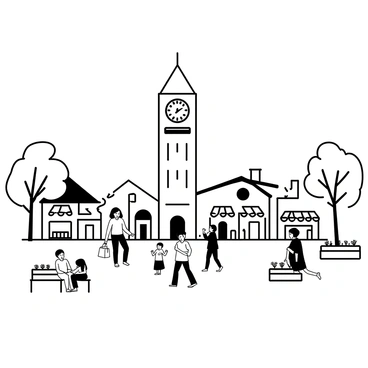 A small town square filled with activity. In the center, there is a tall clock tower with a large clock face clearly visible. Surrounding the square, there are several charming shops with awnings, and people are walking around, smiling and chatting with one another. A few locals are sitting on benches, enjoying the atmosphere. Trees line the square, providing shade, and there are flowerbeds with neatly arranged flowers. Children are playing nearby, adding to the lively scene.