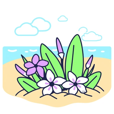 A cluster of tropical flowers is blooming in sandy dunes. The flowers are vibrant and varied, showcasing distinct shapes and sizes. Among the flowers, there are tall, green leaves that rise above the sandy ground. In the background, gentle ocean waves are rolling in, creating soft white crests as they approach the shore. The horizon is visible, where the sky meets the water, and a few wispy clouds drift above. The sandy texture of the dunes contrasts with the lushness of the flowers, creating a dynamic composition.
