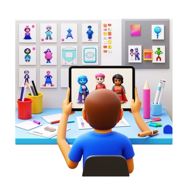 A character designer sketching unique characters on an iPad. The iPad displays colorful illustrations of various characters, each with distinct features and outfits. The designer is seated at a desk cluttered with various notes, some showcasing character designs, others with color palettes and inspiration images. In the background, there are art supplies, including pencils and markers, along with a mood board featuring different character styles. The scene captures the creative energy of the design process.