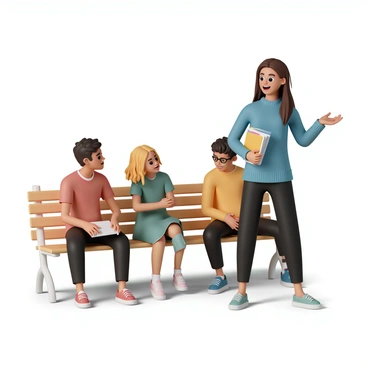 A character, a young woman with long brown hair, wearing a blue sweater and black jeans, is standing in front of a group of friends. She has an animated expression, with wide eyes and a smile, as she gestures energetically with one hand while holding a colorful syllabus in the other hand. Her friends, three individuals sitting on a park bench, are attentively listening; one friend, a young man with short black hair and a red t-shirt, is leaning forward with interest. The second friend, a girl with curly blonde hair wearing a green dress, is nodding her head, while the third friend, a tall man with glasses and a yellow sweater, is taking notes on a notepad. The scene captures the lively interaction between them.