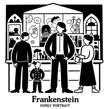 A family portrait of the Frankensteins, with Victor Frankenstein standing slightly apart from the others, holding a book with one hand while glancing away. Elizabeth stands to his right, elegantly dressed, with a soft posture. Behind them, a large imposing figure of the Creature looms, with a distant expression. Other family members are gathered close together in the foreground, dressed in 19th-century attire, with a sense of unity. The background features a dimly lit laboratory filled with various scientific equipment and gothic elements, enhancing the overall atmosphere of the scene. The words “Frankenstein Family Portrait” are included at the bottom.