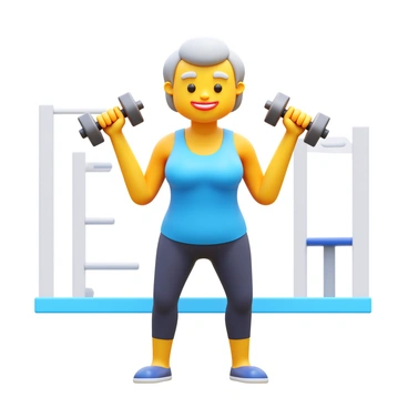 An elderly person with gray hair and wearing comfortable athletic clothing is doing light hammer curls. The individual is standing with a slight bend in their knees, holding a pair of light dumbbells in each hand. Their arms are bent at the elbows, lifting the dumbbells towards their shoulders. The expression on their face shows focus and determination as they maintain a steady posture. The setting is a bright room with exercise equipment in the background.