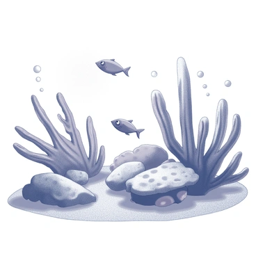 An underwater scene depicting a variety of coral reefs. The coral structures have intricate shapes and textures, with some resembling branching formations while others are more rounded. Several ampoules are floating gently among the coral, their shapes sleek and elongated. Light filters down from the surface, creating patterns on the sand below and illuminating the vibrant corals. Small fish dart through the scene, weaving in and out of the coral formations. Bubbles rise towards the surface, enhancing the sense of motion in this aquatic environment.