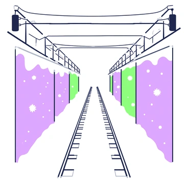 A view of empty subway tracks stretching into the distance, surrounded by snow-covered concrete walls. The tracks are partially obscured by a thin layer of snow that glistens under the available light. A few snowflakes are visible in the air, adding to the wintery scene. On either side of the tracks, there are metal supports and overhead wires that create a stark contrast against the white snow. The atmosphere is quiet and still, capturing the essence of a winter day in the subway station.