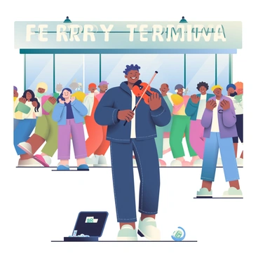 A street musician with medium brown skin is playing a violin at the entrance of a ferry terminal. He is wearing a navy blue jacket and dark jeans. The musician has a joyful expression as he performs, and his curly hair bounces with the rhythm. In front of him, a black case is open, revealing a few coins and notes. Around him, a diverse group of people is gathered, some swaying to the music, while others are taking photos. In the background, the ferry terminal building is visible with large glass windows and a sign that reads "Ferry Terminal." The scene is vibrant, filled with energy and the sounds of the bustling terminal.