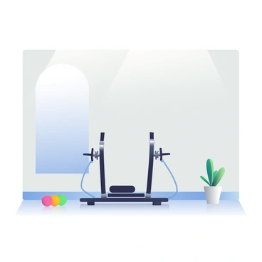 A minimalist gym space with light gray walls and a polished wooden floor is depicted. In the center, there is a single cable crossover machine. The machine is primarily black with metallic silver accents and two adjustable pulleys. There are small, colorful weight plates on either side of the machine. To the left, there is a large mirrored wall reflecting the equipment, and to the right, a small potted plant adds a touch of greenery to the space. The overall atmosphere appears clean and uncluttered, emphasizing the simplicity of the gym environment.