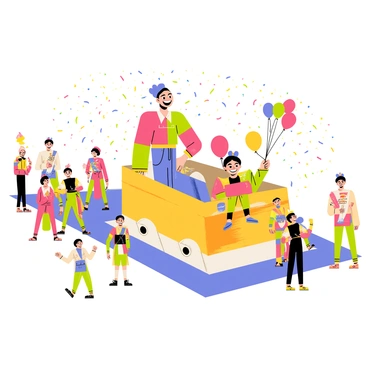 A festive parade with colorful decorations and many excited spectators. A float is the centerpiece, showcasing a giant "arlequin" figure with vibrant, patchwork clothing in red, blue, green, and yellow. The arlequin figure has a cheerful expression with a wide smile and a mask, surrounded by balloons and streamers. Marching bands and dancers in bright costumes accompany the float, adding to the lively atmosphere. The scene is filled with confetti falling from the sky, enhancing the celebratory mood of the event.