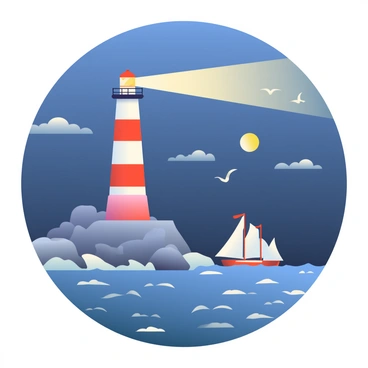 A tall lighthouse with white and red stripes is standing prominently on a rocky cliff. The lighthouse features a bright, glowing beacon flame at its top, illuminating the dark night sky. The light from the beacon is casting a wide beam across the sea, where several ships with sails are navigating through the water. The waves are gently crashing against the rocks below, and there are a few seagulls flying around the lighthouse, adding to the coastal scene. The sky is deep blue with scattered clouds, and the moon is visible above.
