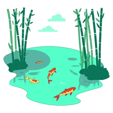 A teal pond is surrounded by tall, green bamboo stalks swaying gently in the breeze. The surface of the pond is calm, reflecting the colors of the sky above. Below the water, there are several vibrant orange and yellow koi fish gracefully swimming, their scales shimmering as they navigate through the clear water. The bamboo creates a natural frame, enhancing the beauty of the scene.