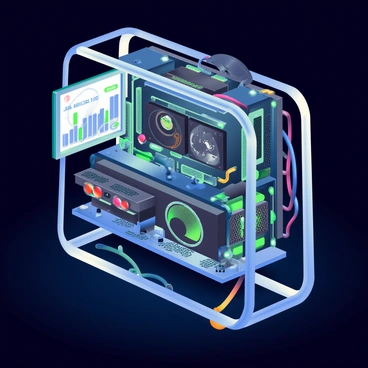 A high-tech cryptocurrency mining rig is centered in the image, featuring a sleek, metallic frame with multiple graphics processing units (GPUs) attached. The rig is illuminated with glowing blue and green lights that highlight its complex structure. Various cables of different colors are intricately woven throughout the setup, connecting the GPUs to the main power source. A digital display screen shows real-time data and graphs related to mining performance. The background is dark to enhance the vibrant glow of the lights and emphasize the advanced technology of the rig.