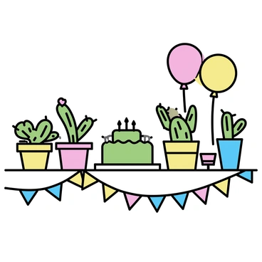 A birthday party scene featuring several cacti in colorful pots arranged on a table. The table is adorned with vibrant cactus-themed decorations, including paper banners with cactus designs. In the center of the table, there is a cactus-shaped cake, decorated with green icing and small edible flowers. Surrounding the cake are colorful plates and cups, all with cactus motifs. Balloons in various shades of green and pink float above the table, completing the festive atmosphere.
