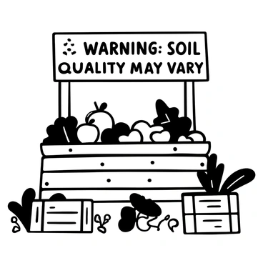 A market stall filled with an assortment of fresh fruits and vegetables, including apples, oranges, carrots, and leafy greens, neatly arranged. A wooden sign is prominently placed on the stall, displaying the words "Warning: Soil Quality May Vary" in bold lettering. The background features crates and baskets to hold additional produce, and there are scattered leaves and a few small plants around the stall.