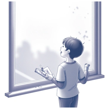 A child is standing in front of a large window. The child is holding a pack of temporary markers, with a few markers already scattered on the windowsill. The child is focused on drawing, with their tongue slightly sticking out in concentration. The window is partially covered with a variety of drawings and designs. The light from outside creates a vivid backdrop, highlighting the child's actions. The child has a joyful expression, showcasing a sense of creativity and engagement in the decoration process.