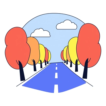 A scenic highway stretches into the distance, flanked by tall trees with leaves in vibrant shades of orange, red, and yellow. The road has a smooth surface, leading the viewer's eye through the colorful foliage. The sky above is clear with a few fluffy clouds, allowing the sunlight to illuminate the autumn colors. A gentle curve in the highway adds depth to the scene, inviting exploration.