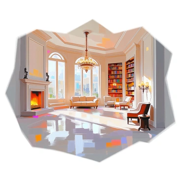 An elaborate Victorian mansion floor plan showcasing a grand ballroom and an extensive library. The ballroom features a large, open space designed for dancing and gatherings, complete with tall windows that allow natural light to flood in. Intricate moldings and a polished wooden floor are highlighted in this area. Adjacent to the ballroom, the library is filled with tall bookshelves lined with books and has a cozy reading nook in one corner. A large, ornate fireplace is situated along one wall, providing warmth and a focal point. Decorative elements such as chandeliers and antique furniture embellish the design of both spaces. The layout includes multiple rooms, hallways, and staircases connecting these two impressive areas.