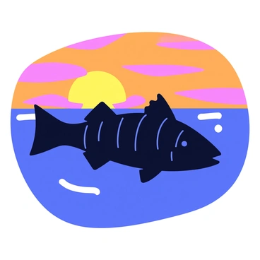 A silhouette of a striped bass swimming gracefully through the water. The fish has distinct horizontal stripes along its body. The background is a vibrant sunset sky filled with shades of orange, pink, and purple. The scene captures the contrast between the dark silhouette of the fish and the colorful hues of the sunset.