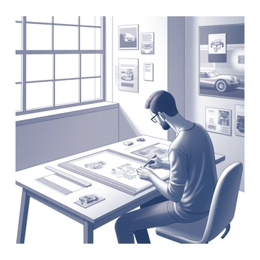 A designer seated at a drafting table, focused on sketching a new Porsche model. The designer is holding a pencil, with sheets of paper displaying car designs and automotive blueprints spread out around the workspace. The art studio has large windows allowing natural light to illuminate the area. Various tools like rulers and erasers are scattered across the table. The walls are adorned with inspiration images of classic and modern cars. The atmosphere conveys a sense of creativity and innovation around automotive design.