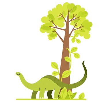 An iguanodon with green scales is munching on leaves from a tall, leafy tree. The tree has a thick brown trunk and dense green foliage. The iguanodon's long tail is gently swaying behind it. Sunlight filters through the leaves, casting soft shadows on the ground. Small birds are perched on the branches of the tree, adding life to the scene.