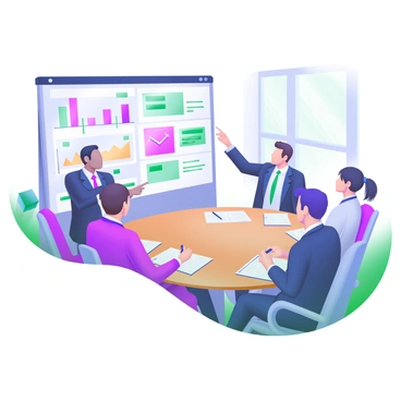 A boardroom setting with a large, oval wooden table at the center. Around the table, a diverse group of investors, dressed in smart business attire, are engaged in a discussion. One investor points at a large screen displaying various financial charts and graphs. The charts show trends and statistics in bright colors, including line graphs and bar graphs. A notepad and pen are placed in front of each investor, some taking notes while others look attentively at the screen. Natural light filters in through the windows, illuminating the room. The atmosphere conveys a sense of focus and collaboration.