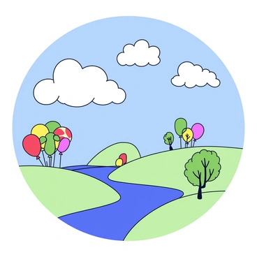 A surreal landscape featuring a bright blue sky filled with fluffy white clouds shaped like colorful floating balloons. The balloons come in various shades, including red, yellow, and green, and some even have unique patterns. Below the clouds, there is a gently rolling landscape with soft green hills and a winding river reflecting the colors of the balloons above. In the distance, a few whimsical trees with spiral branches can be seen, adding to the dreamlike quality of the scene.