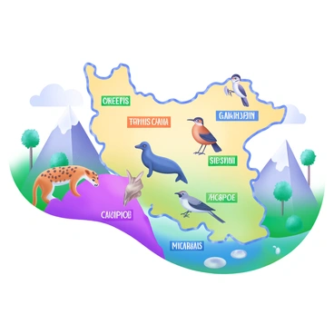 A whimsical map of Iran featuring outlined geographical regions. Each area is illustrated with native wildlife species, such as a Persian leopard, a Caspian seal, and various birds like the hoopoe. The landscape is filled with trees, mountains, and rivers, creating a vibrant environment. Labels are included with the names of regions, each in elegant, stylized fonts. The overall color palette is bright and engaging, enhancing the visual appeal of the wildlife depicted across the diverse terrains of Iran.