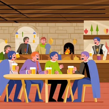 A cozy tavern filled with wooden beams and stone walls. A group of adventurers sits at round tables, sharing stories and laughter. Men and women in medieval attire, including cloaks and armor, hold tankards filled with frothy drinks. A fireplace crackles with warm flames, casting a soft glow across the room. On the walls, there are shields and swords displayed. A bartender, wearing an apron, pours ale behind the bar. The atmosphere is lively with chatter and the clinking of glasses.
