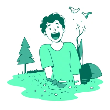 A teal person with short hair is laughing heartily, their mouth wide open in joy. The ground around them is shaking slightly, creating visible ripples in the grass beneath their feet. Small pebbles are bouncing up and down, and a few birds are startled, taking flight from nearby trees. The person's eyes are bright with happiness, and they are wearing a light-colored shirt that contrasts with the background.