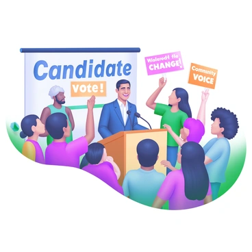 A public forum scene featuring community members gathered around a candidate. The candidate stands at a podium, wearing a professional outfit, with a friendly expression. Surrounding the candidate are diverse community members of various ages and backgrounds, some holding signs with phrases like "Vote for Change" and "Community Voice." A microphone is positioned in front of the candidate, and a banner with the candidate's name is displayed prominently in the background. People are engaged in conversation, with some raising their hands to ask questions. The atmosphere is lively and interactive.