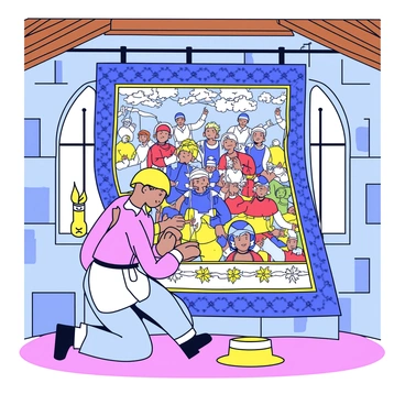A servant is kneeling on the floor of a castle's great hall, focused on repairing a large medieval tapestry. The tapestry depicts a vibrant scene of knights and mythical creatures, rich in color and detail. The servant, dressed in simple clothing, carefully threads a needle through the fabric, making precise adjustments. Surrounding the tapestry are stone walls adorned with torches that cast a warm glow, highlighting the intricate patterns of the artwork. There are wooden beams overhead, and a large window lets in soft light, illuminating the scene.