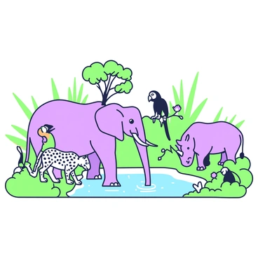 A group of jungle animals is gathered around a waterhole. In the foreground, there is a large elephant with large ears and a long trunk, drinking from the water. Beside the elephant, a sleek leopard is crouched, gazing intently into the water. A colorful parrot is perched on a nearby branch, its wings slightly spread, as it observes the scene below. On the opposite side of the waterhole, a curious monkey is reaching down towards the water, while a rhinoceros stands calmly, its horn casting a shadow on the ground. Surrounding the waterhole, lush green foliage and tall grass create a natural setting, with some tropical flowers peeking through.