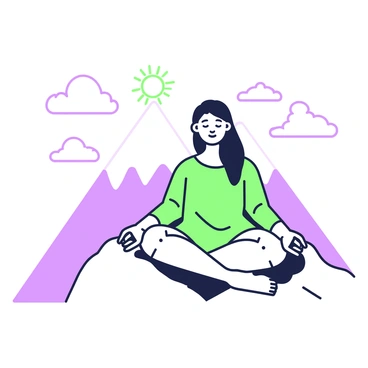 A person is sitting cross-legged on the peak of a mountain, engaged in meditation. They have long hair, flowing down over their shoulders, and are wearing comfortable, loose-fitting clothing. Soft, fluffy clouds surround the mountain peak, partially obscuring the view of the horizon. The person has their eyes closed, with a serene expression on their face, reflecting a deep state of concentration. The sun is shining from a distance, casting gentle light on the scene.
