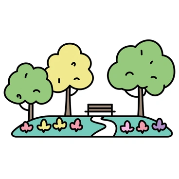 A garden featuring several jackfruit trees, their broad green leaves creating a natural canopy. Surrounding the trees, there are various colorful flowers in vibrant hues, including reds, yellows, and purples, arranged in neat rows. The ground is covered in soft green grass, and a small pathway winds through the garden, leading to a small seating area furnished with a wooden bench.