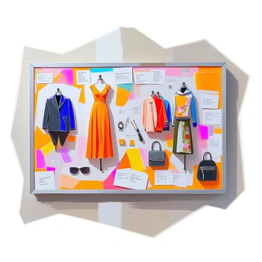 A bulletin board filled with a vibrant collage showcasing the hottest fashion trends for 2024. The board features a variety of fabric swatches in bold colors like electric blue, vibrant red, and sunny yellow. Stylish outfits are pinned up, including a sleek tailored suit with an oversized blazer, a flowy maxi dress adorned with floral prints, and an edgy streetwear ensemble complete with a graphic hoodie and cargo pants. Accessories such as chunky jewelry, trendy sunglasses, and statement bags are also displayed. Notes with handwritten fashion tips and inspirational quotes are scattered throughout the collage, enhancing the dynamic presentation of the latest trends.