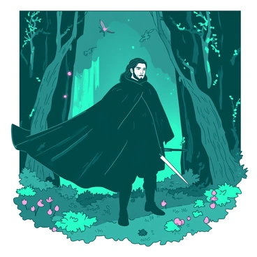 A teal Jon Snow stands with his black cloak billowing around him in a mystical forest. The ancient trees rise tall, their gnarled branches stretching toward the sky, adorned with luminescent blue moss. Glowing creatures in various shapes flit through the air, casting soft light in the surrounding darkness. The forest floor is covered with a rich carpet of vibrant green foliage and small pink flowers. Jon holds a sword in one hand, his expression serious as he carefully navigates the enchanting and otherworldly landscape.